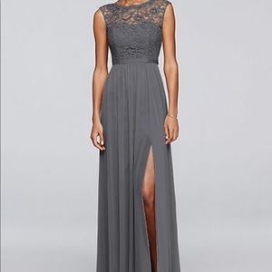 David’s Bridal Gray bridesmaid dress w lace bodice